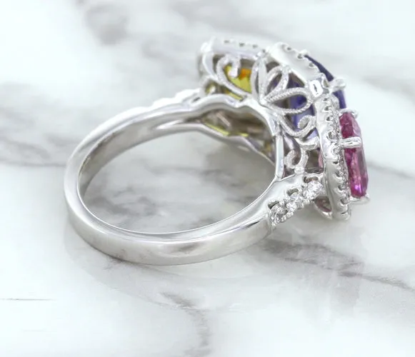 Multicolor Sapphire Ring with Diamond Halo in 18K White Gold