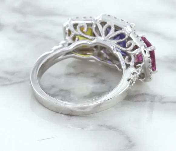 Multicolor Sapphire Ring with Diamond Halo in 18K White Gold