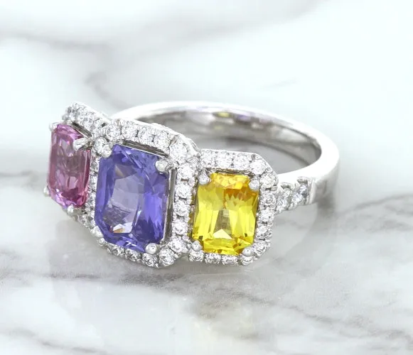 Multicolor Sapphire Ring with Diamond Halo in 18K White Gold
