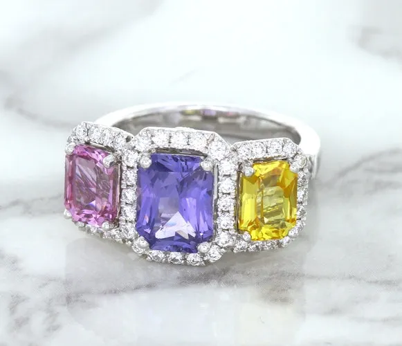 Multicolor Sapphire Ring with Diamond Halo in 18K White Gold