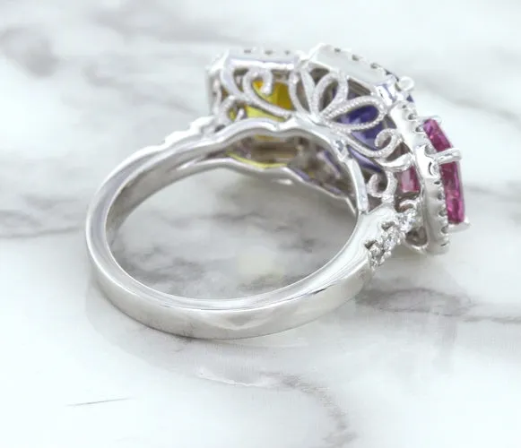 Multicolor Sapphire Ring with Diamond Halo in 18K White Gold