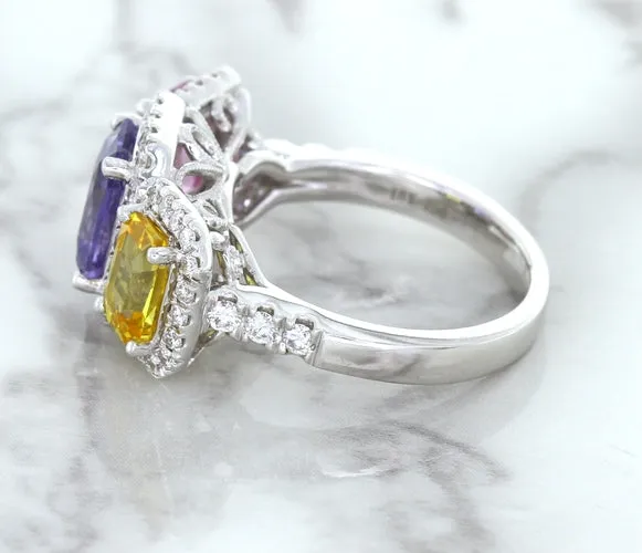 Multicolor Sapphire Ring with Diamond Halo in 18K White Gold