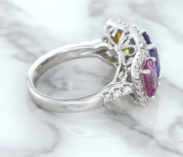 Multicolor Sapphire Ring with Diamond Halo in 18K White Gold