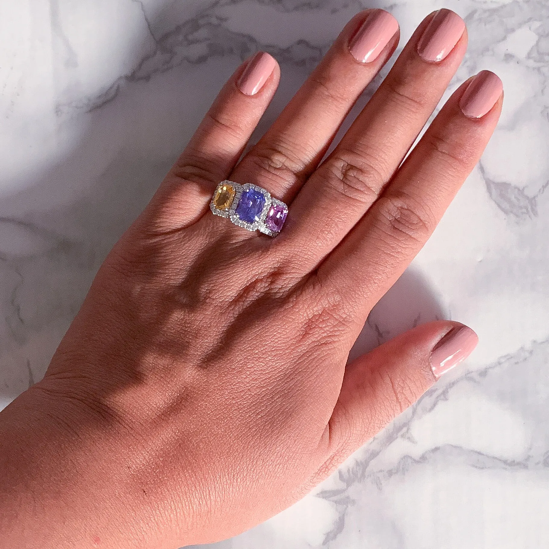 Multicolor Sapphire Ring with Diamond Halo in 18K White Gold