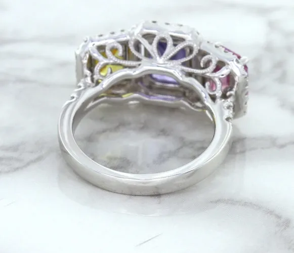 Multicolor Sapphire Ring with Diamond Halo in 18K White Gold