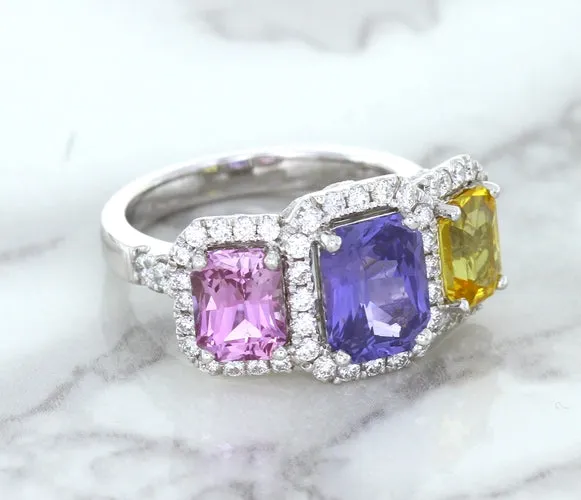 Multicolor Sapphire Ring with Diamond Halo in 18K White Gold
