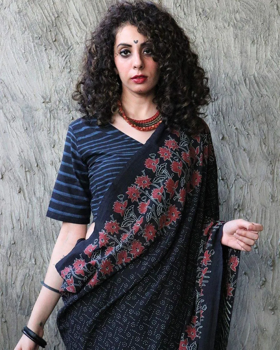 Nazmiyah Handblockprinted Cotton Saree - Kohl