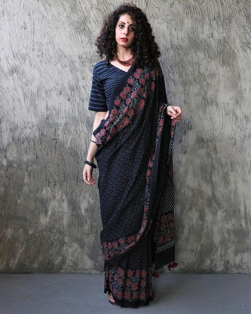 Nazmiyah Handblockprinted Cotton Saree - Kohl