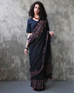 Nazmiyah Handblockprinted Cotton Saree - Kohl
