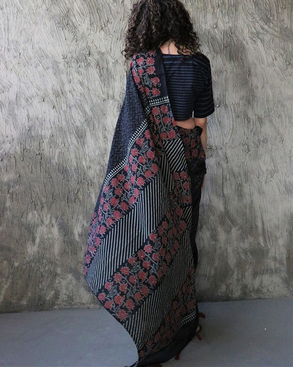 Nazmiyah Handblockprinted Cotton Saree - Kohl