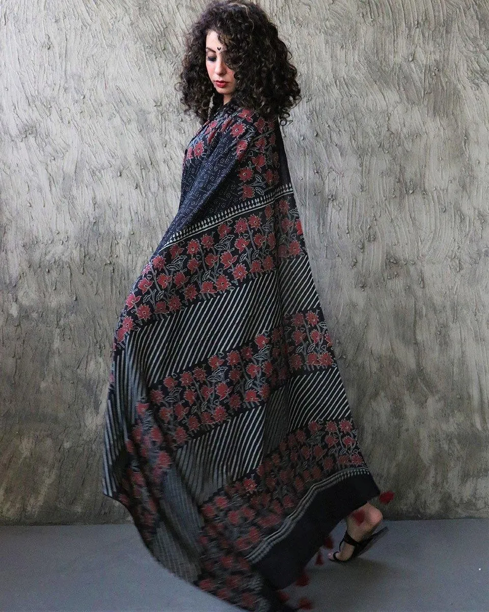 Nazmiyah Handblockprinted Cotton Saree - Kohl