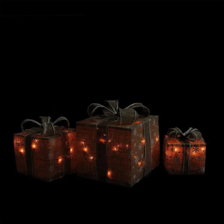 NEW Northlight Seasonal Set of 3 Lighted Natural Snowflake Burlap Gift Boxes Christmas Outdoor Decorations - Retails for $169 !