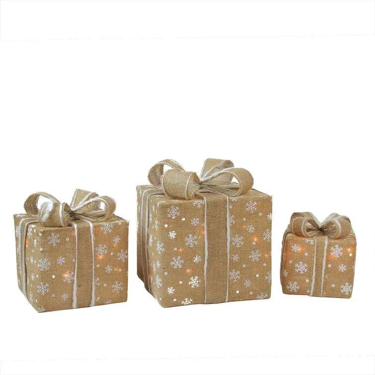 NEW Northlight Seasonal Set of 3 Lighted Natural Snowflake Burlap Gift Boxes Christmas Outdoor Decorations - Retails for $169 !