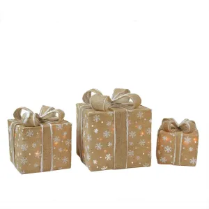 NEW Northlight Seasonal Set of 3 Lighted Natural Snowflake Burlap Gift Boxes Christmas Outdoor Decorations - Retails for $169 !
