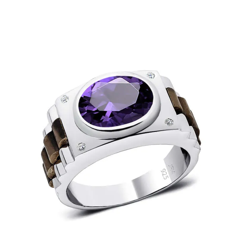 Oval Gemstone Men's Silver Ring with 4 Natural Diamonds