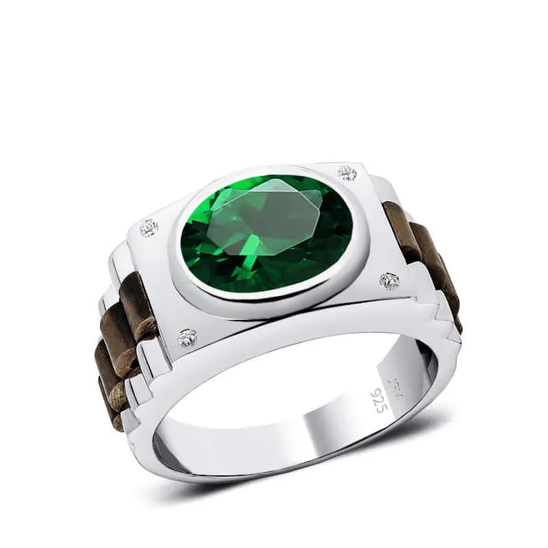 Oval Gemstone Men's Silver Ring with 4 Natural Diamonds