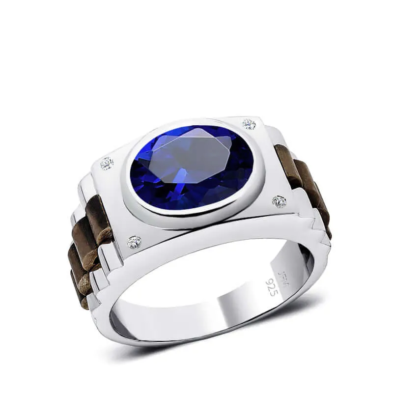 Oval Gemstone Men's Silver Ring with 4 Natural Diamonds