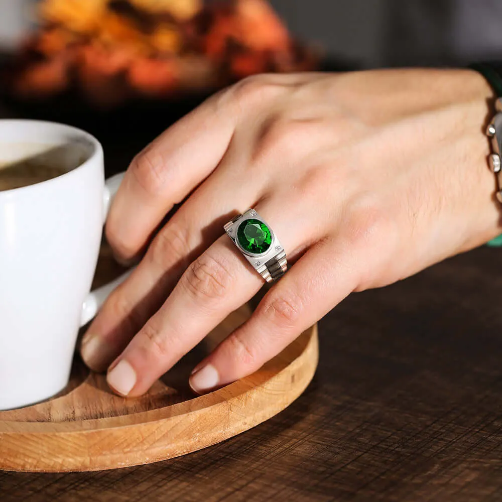 Oval Gemstone Men's Silver Ring with 4 Natural Diamonds