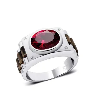 Oval Gemstone Men's Silver Ring with 4 Natural Diamonds