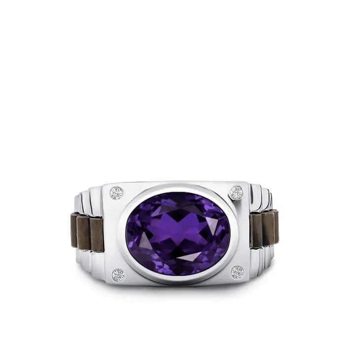 Oval Gemstone Men's Silver Ring with 4 Natural Diamonds