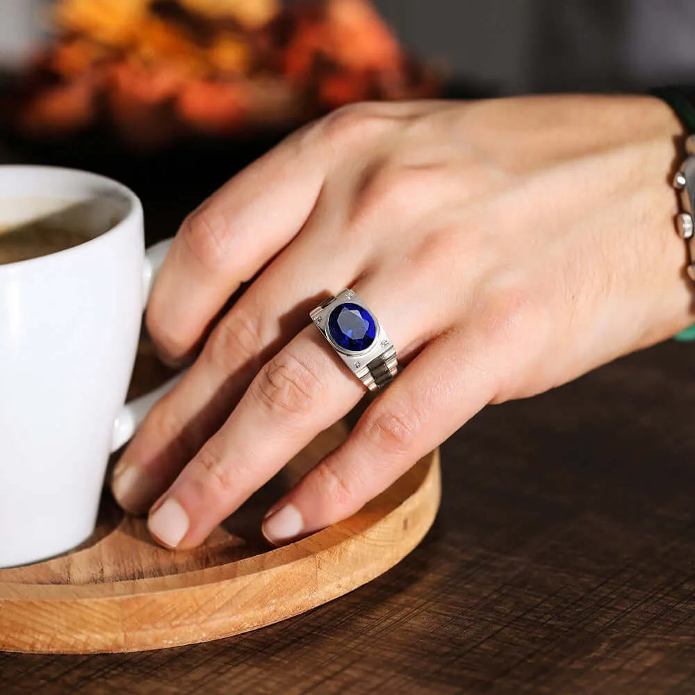 Oval Gemstone Men's Silver Ring with 4 Natural Diamonds