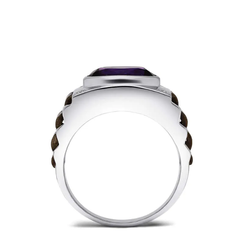 Oval Gemstone Men's Silver Ring with 4 Natural Diamonds