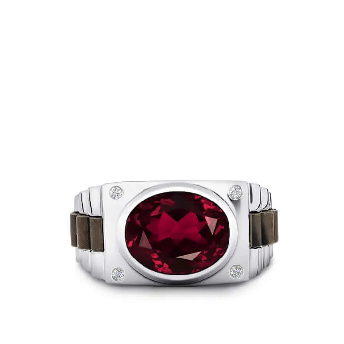 Oval Gemstone Men's Silver Ring with 4 Natural Diamonds