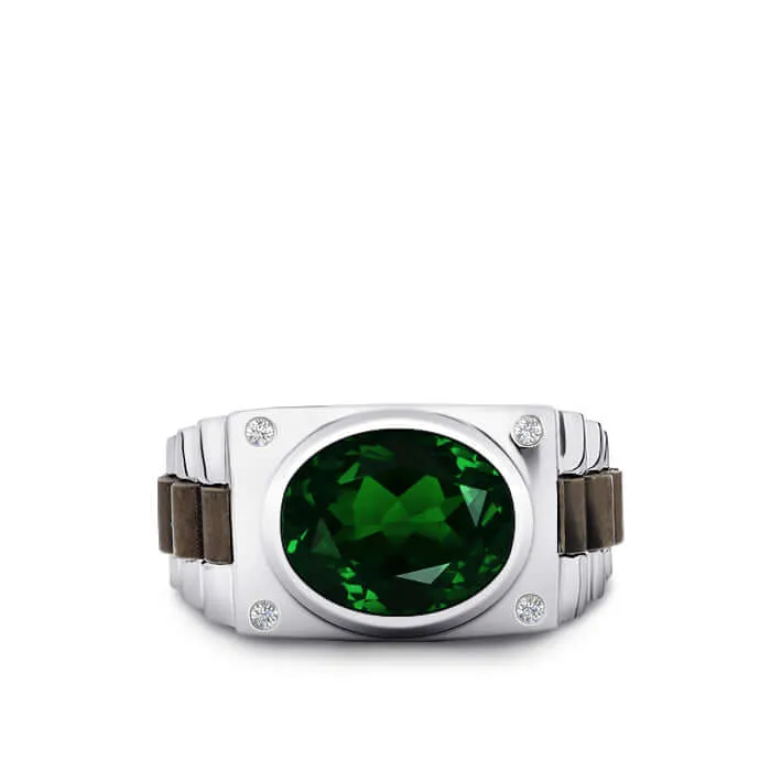 Oval Gemstone Men's Silver Ring with 4 Natural Diamonds