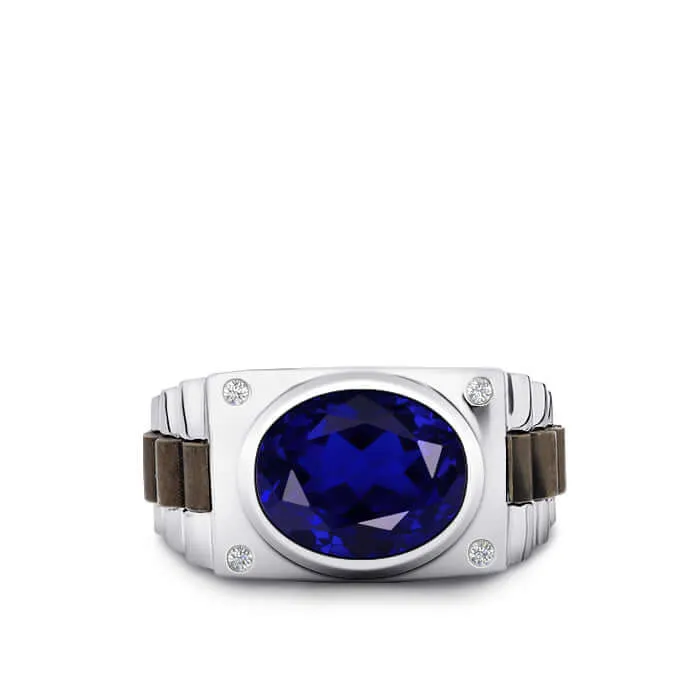 Oval Gemstone Men's Silver Ring with 4 Natural Diamonds