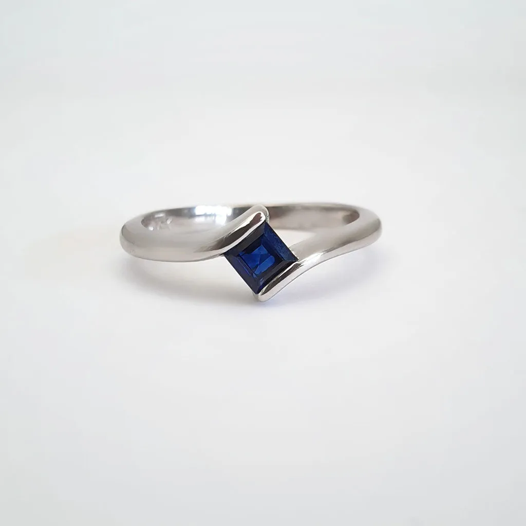 Petite Square Cut Blue Sapphire White Gold Ring