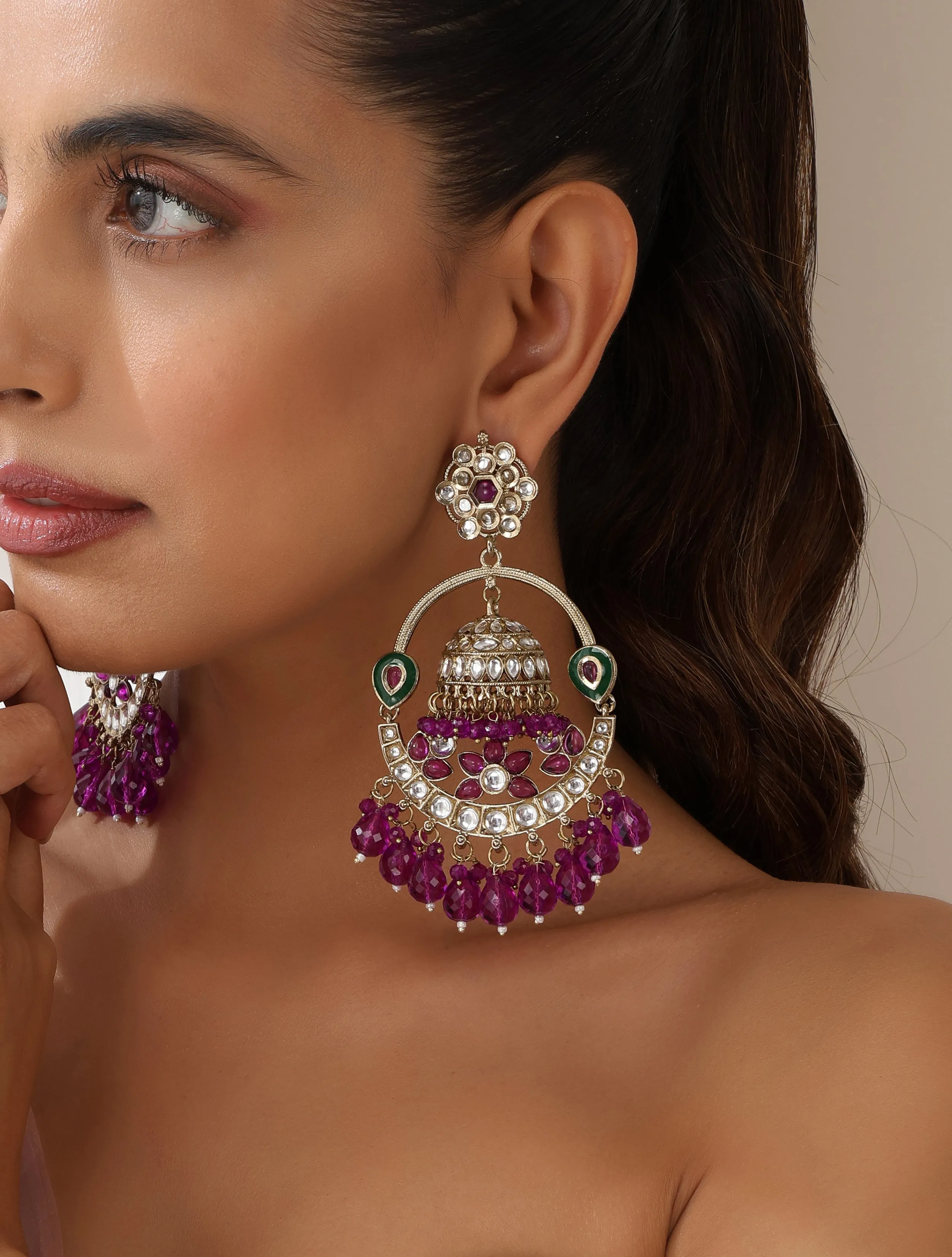 Purple Color Round Kundan Jhumka Earrings