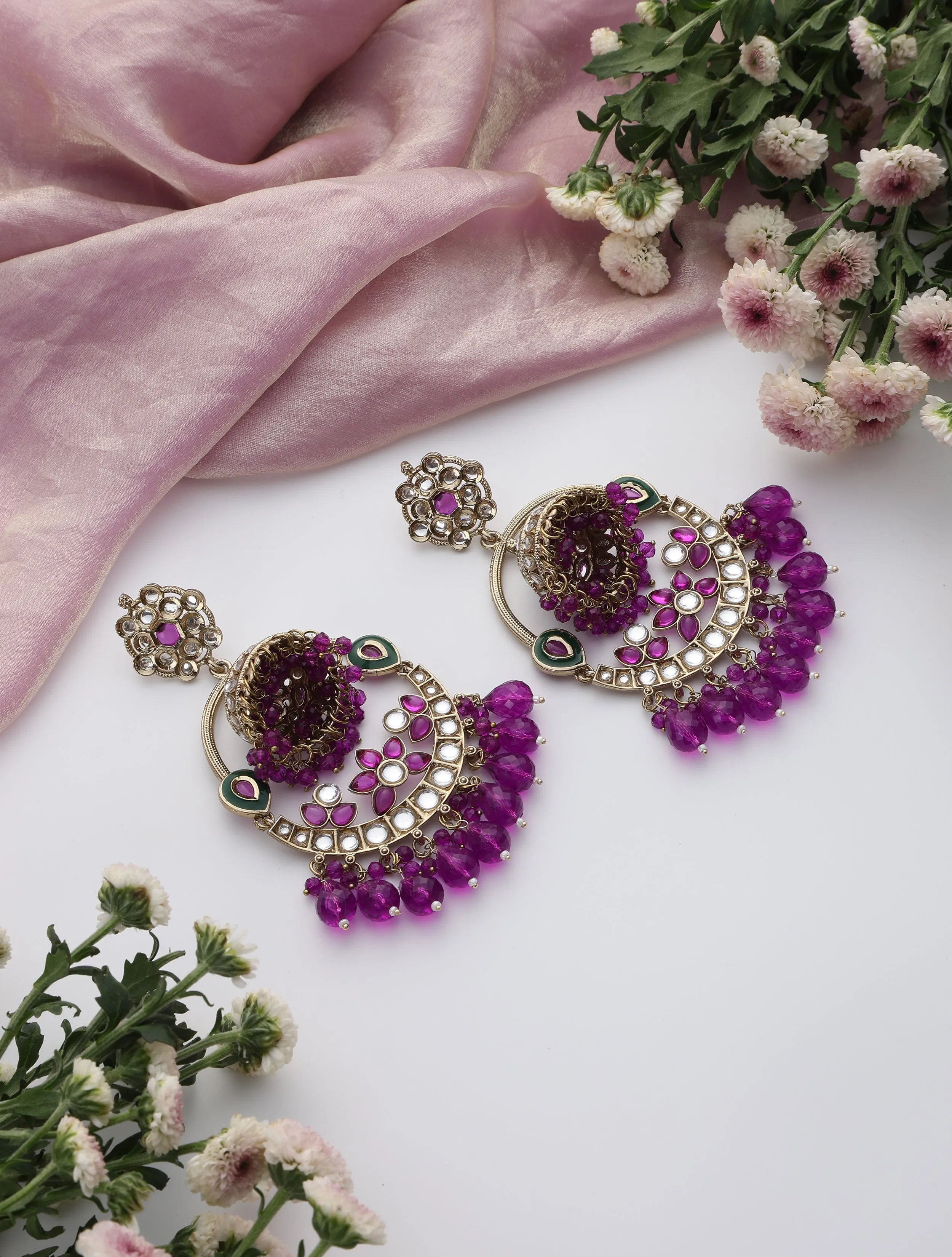 Purple Color Round Kundan Jhumka Earrings