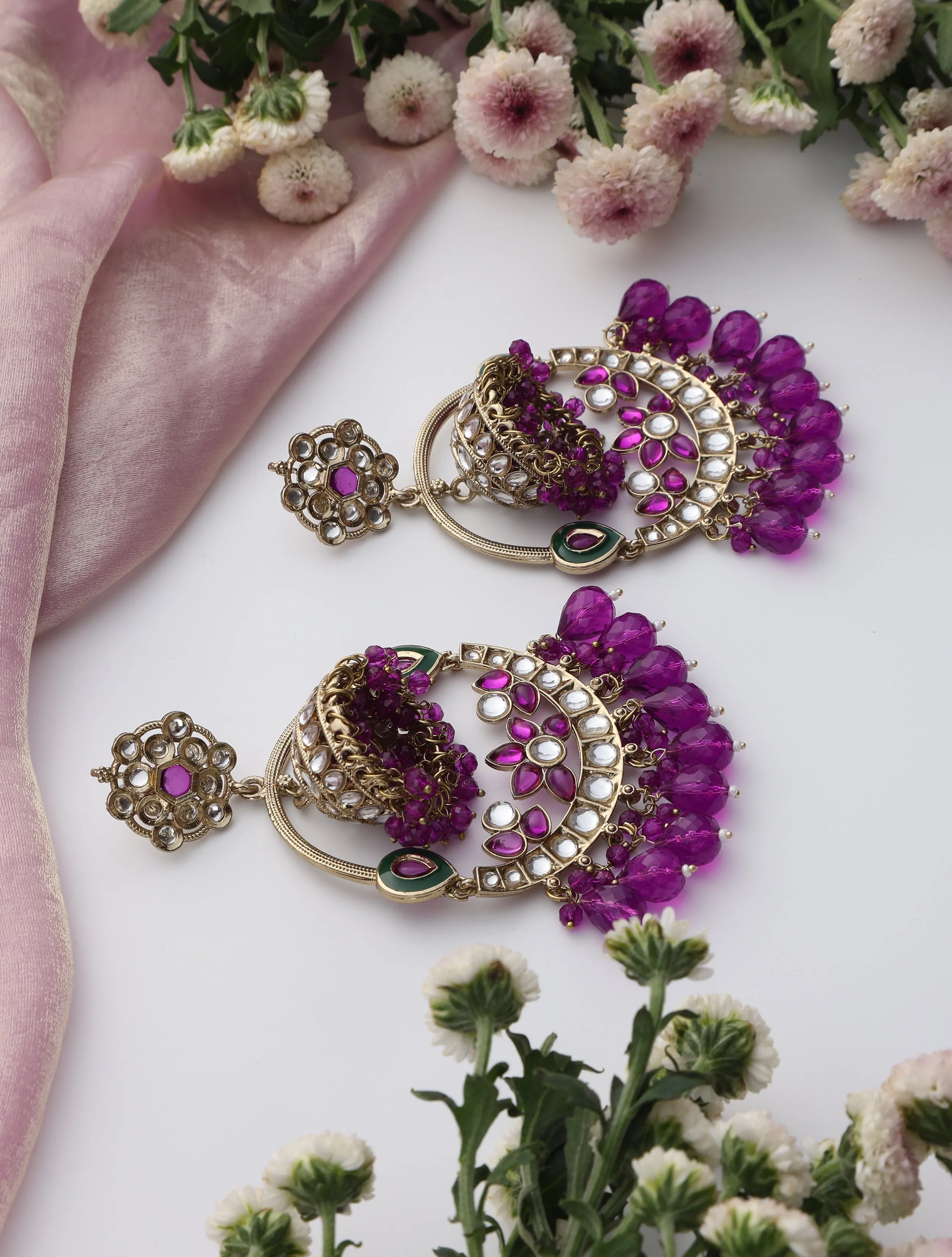 Purple Color Round Kundan Jhumka Earrings