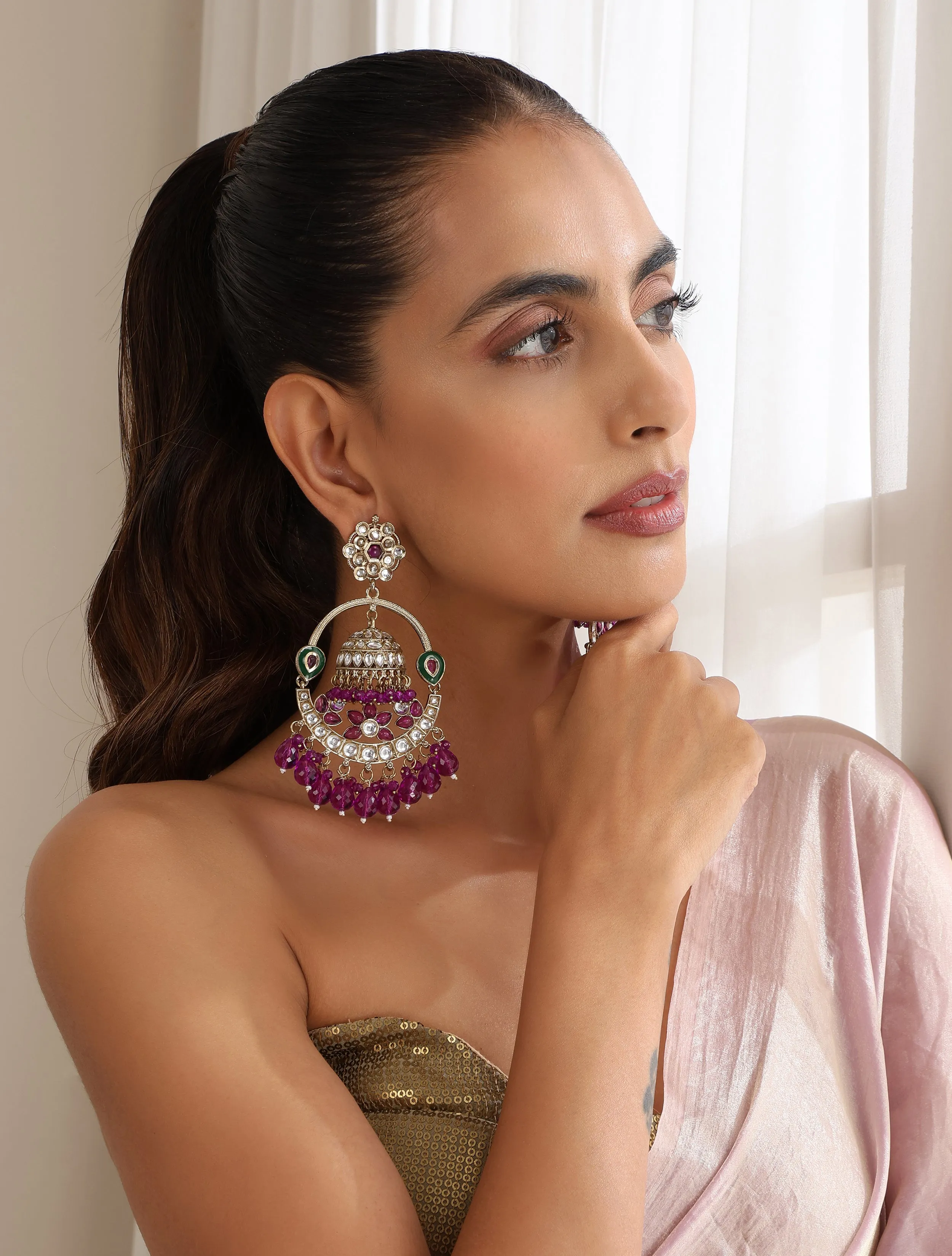 Purple Color Round Kundan Jhumka Earrings
