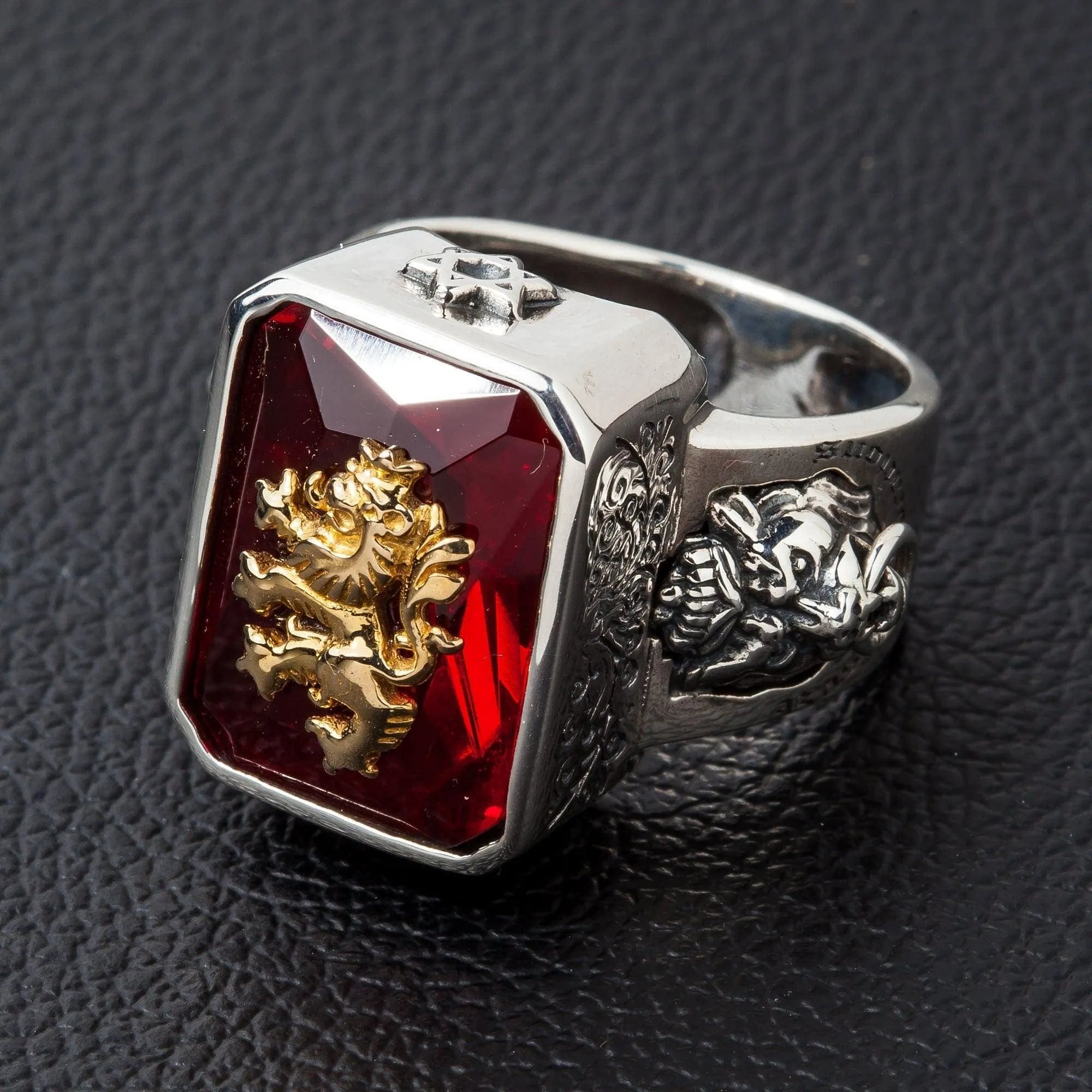 Red Stone Lion Rampant Sterling Silver Ring
