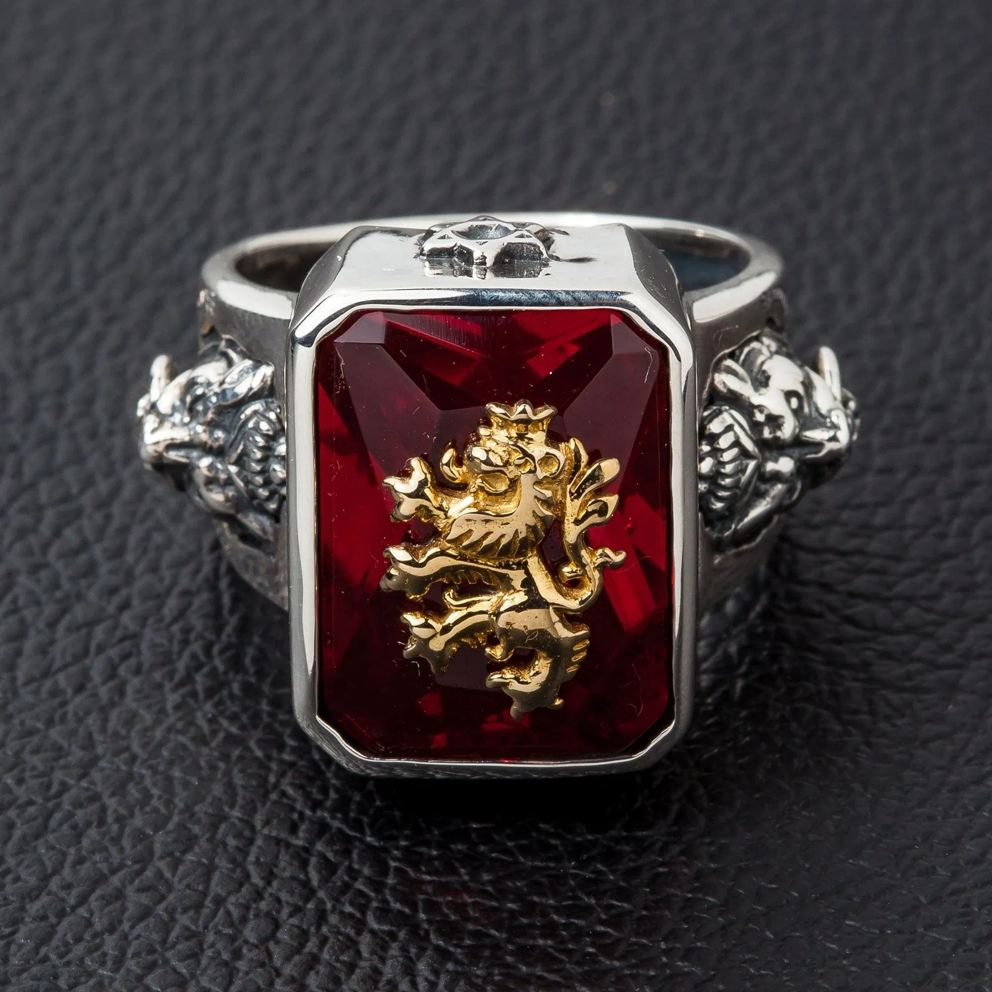 Red Stone Lion Rampant Sterling Silver Ring