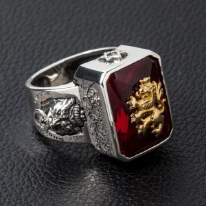 Red Stone Lion Rampant Sterling Silver Ring