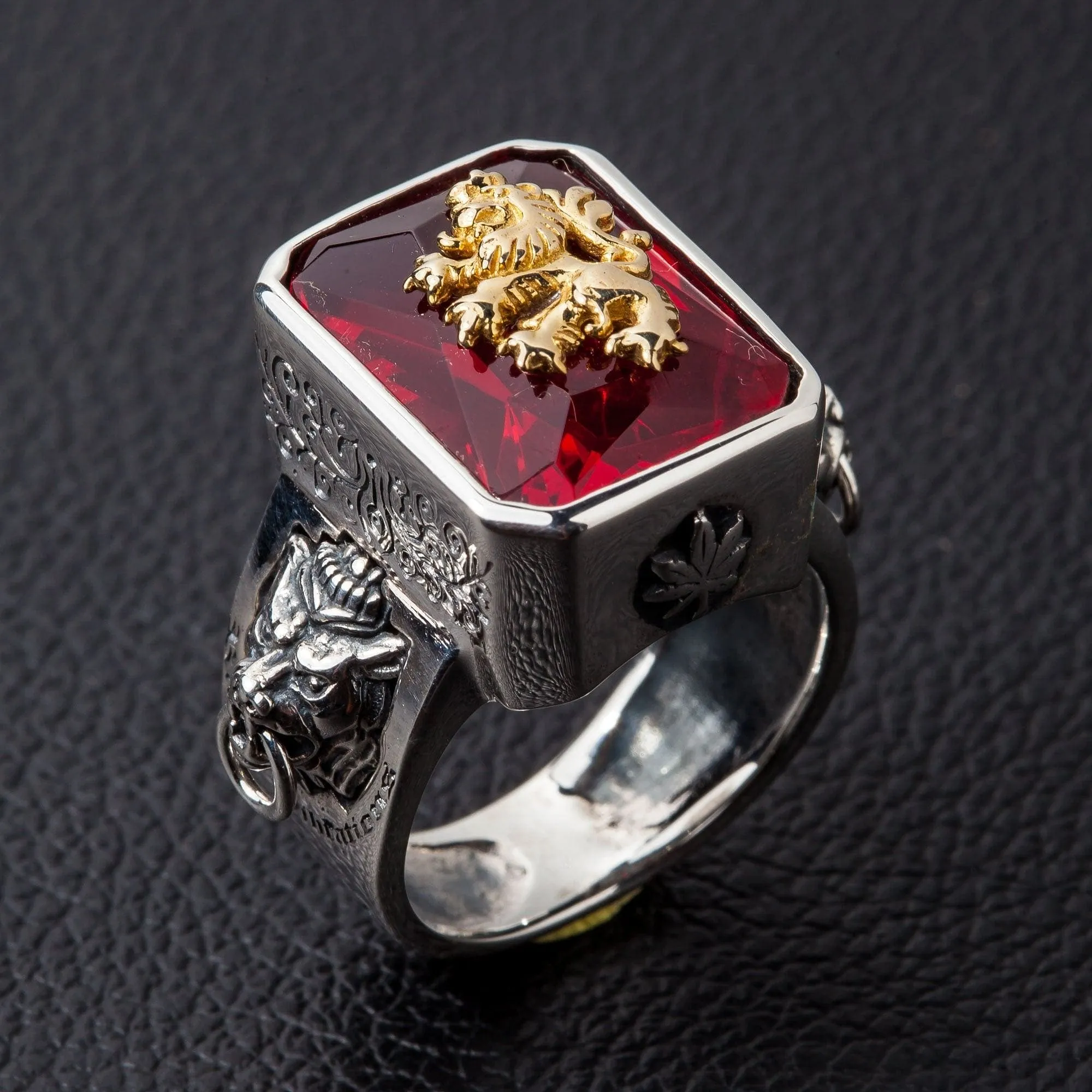 Red Stone Lion Rampant Sterling Silver Ring