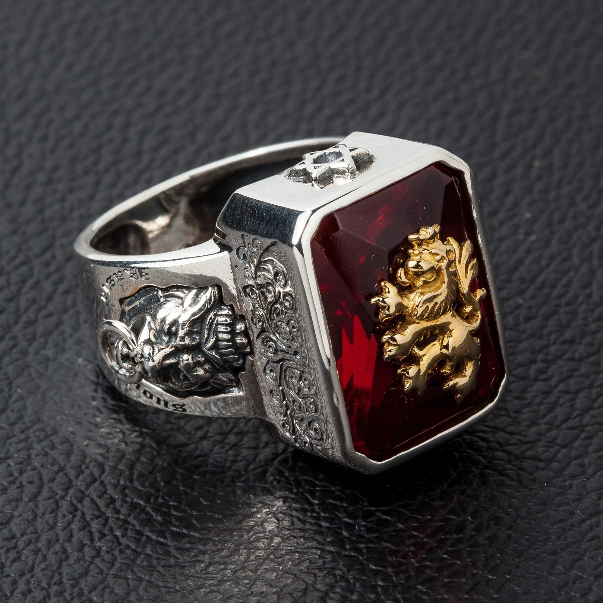 Red Stone Lion Rampant Sterling Silver Ring