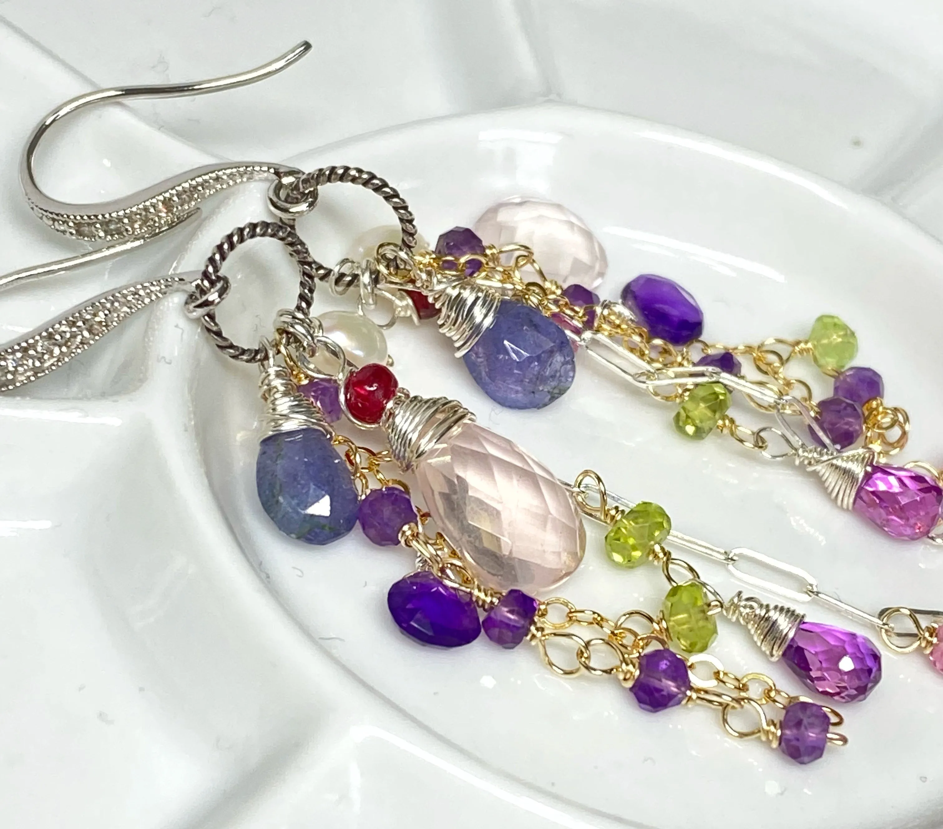 Rose Quartz Multi Gem Dangle Earrings Tanzanite, Violet, Sterling