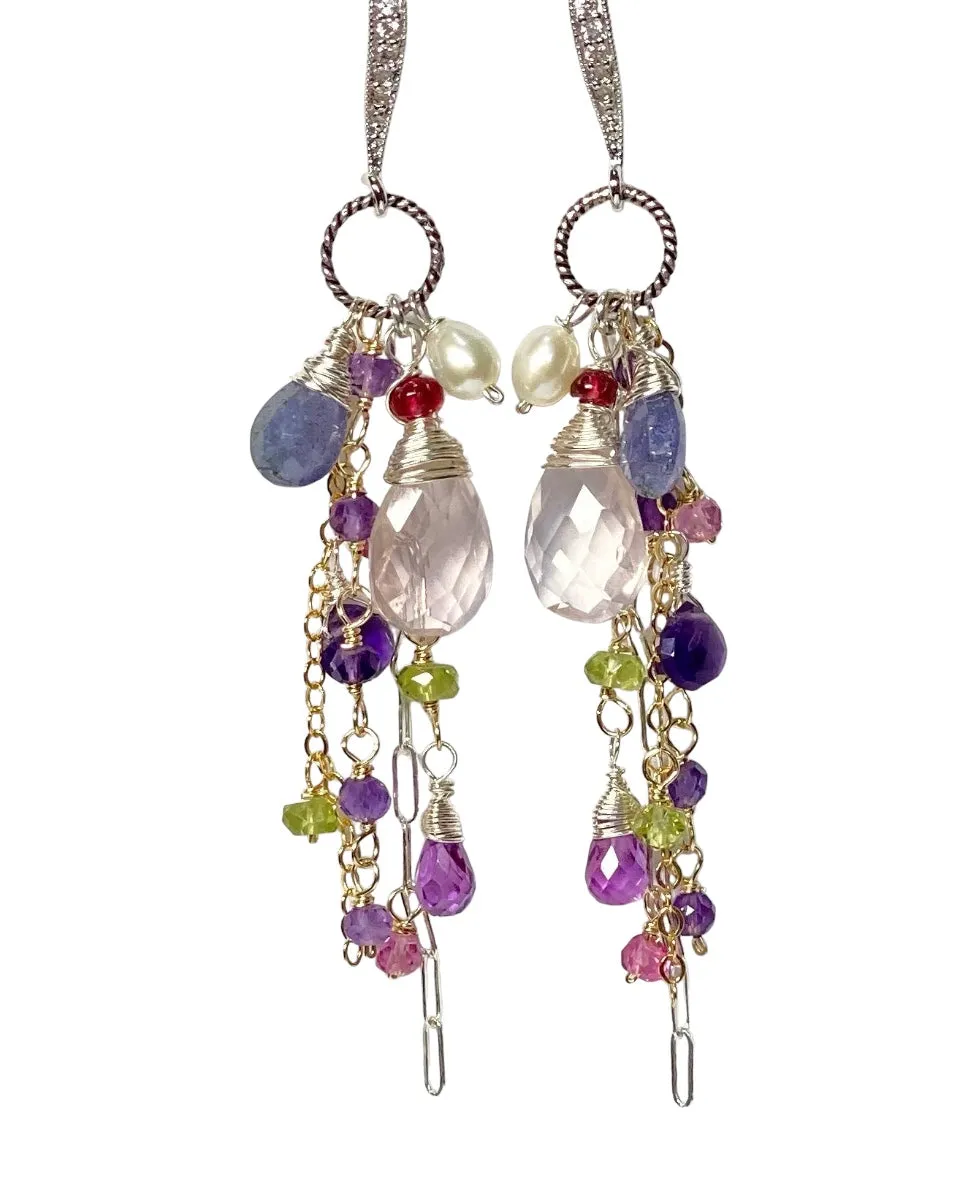 Rose Quartz Multi Gem Dangle Earrings Tanzanite, Violet, Sterling