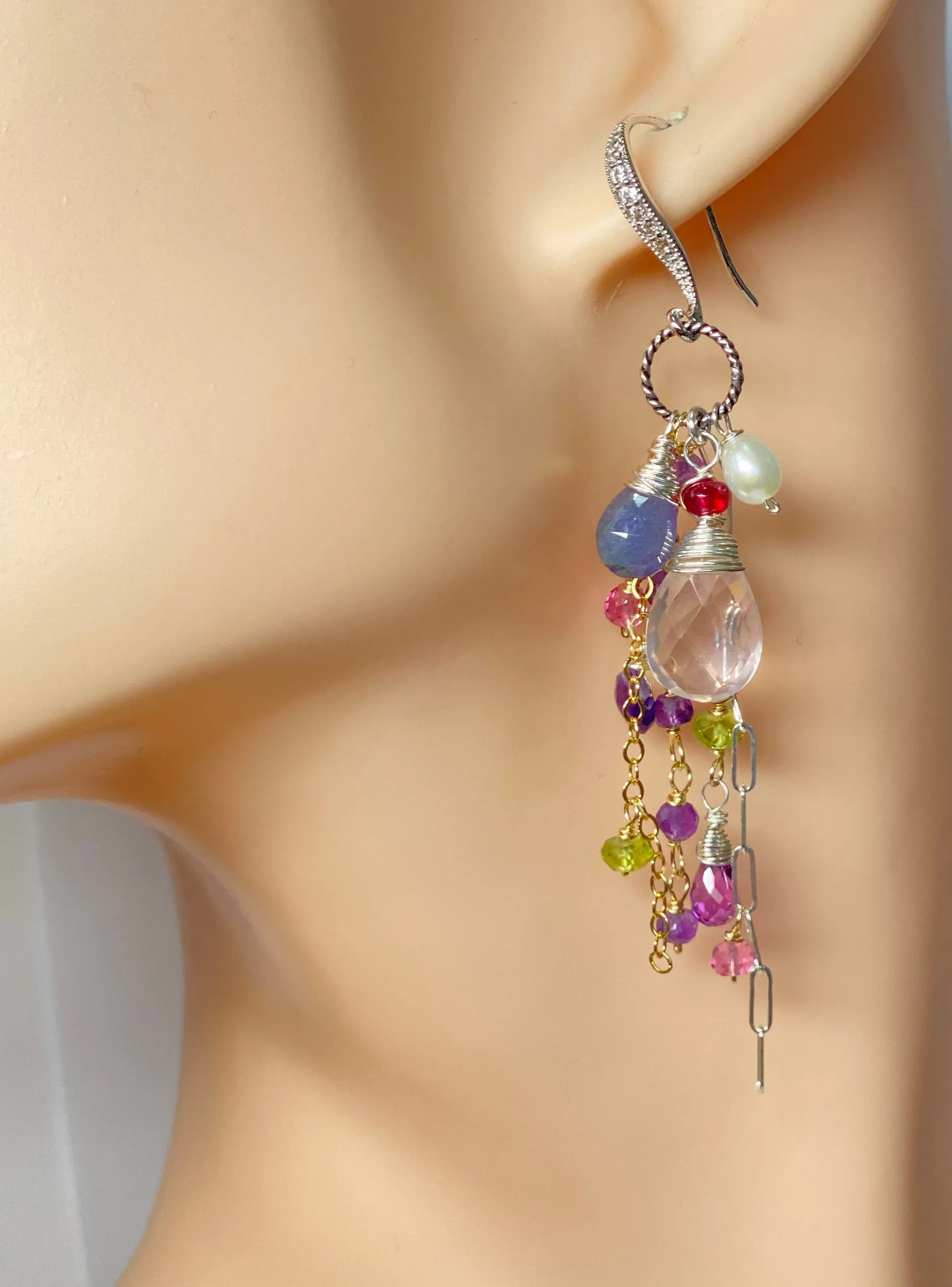 Rose Quartz Multi Gem Dangle Earrings Tanzanite, Violet, Sterling