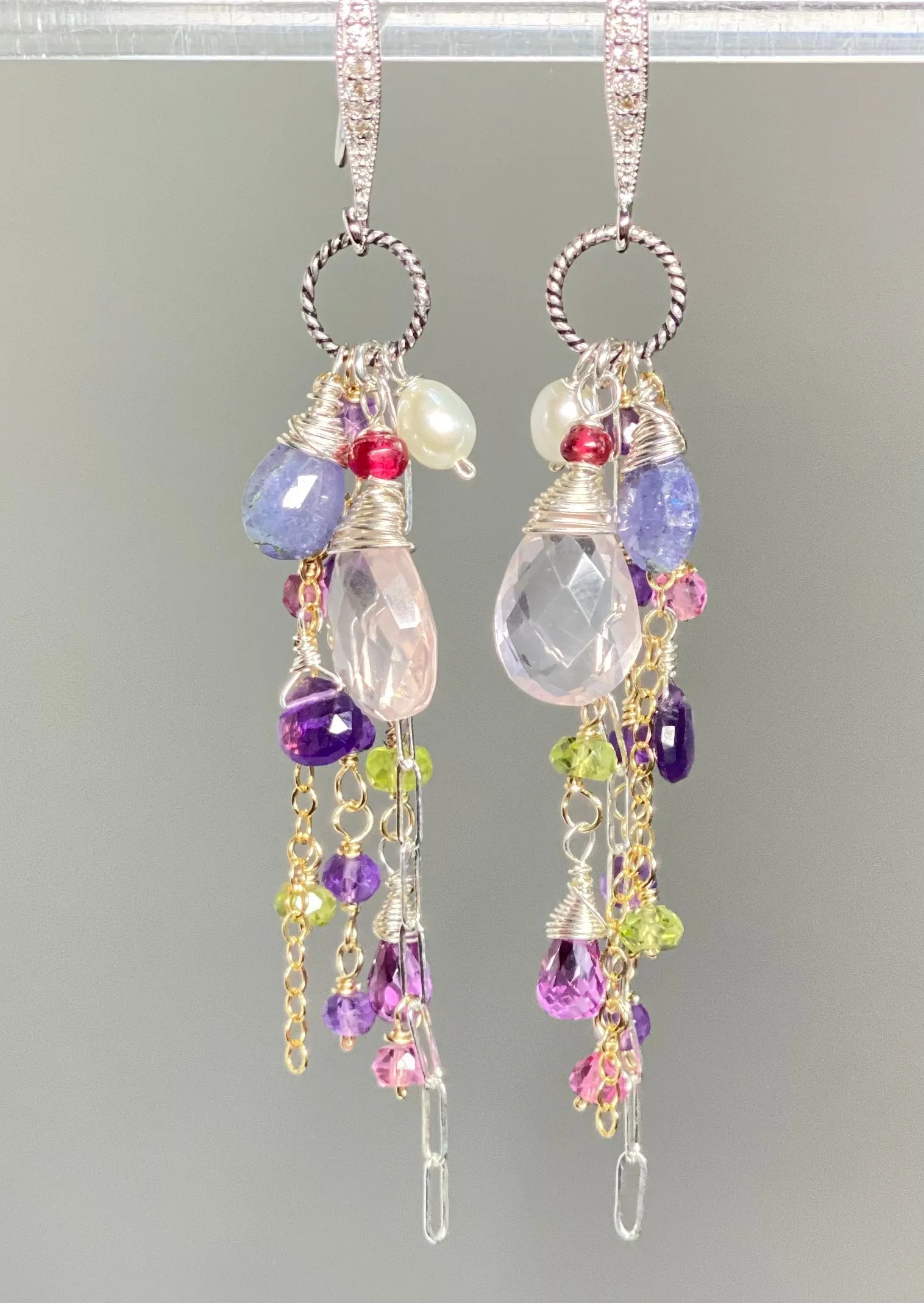 Rose Quartz Multi Gem Dangle Earrings Tanzanite, Violet, Sterling
