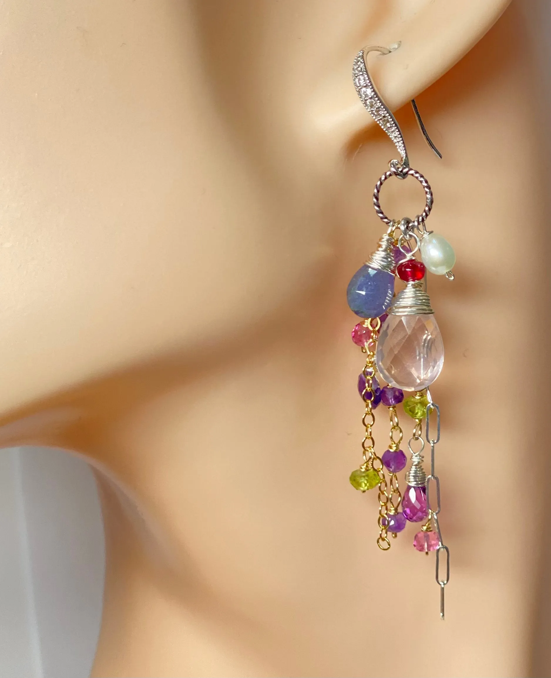 Rose Quartz Multi Gem Dangle Earrings Tanzanite, Violet, Sterling
