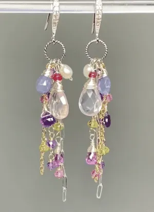 Rose Quartz Multi Gem Dangle Earrings Tanzanite, Violet, Sterling