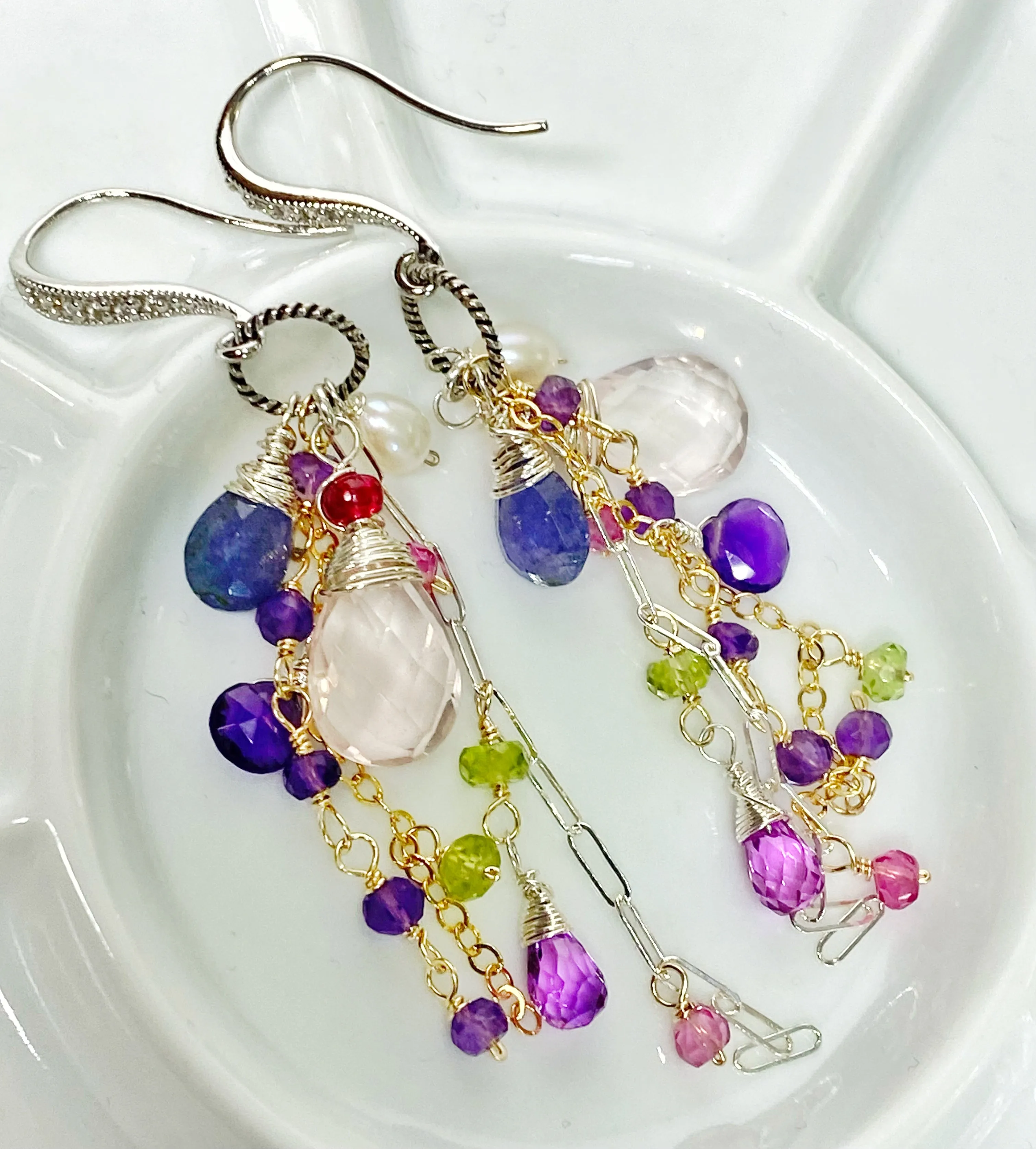 Rose Quartz Multi Gem Dangle Earrings Tanzanite, Violet, Sterling
