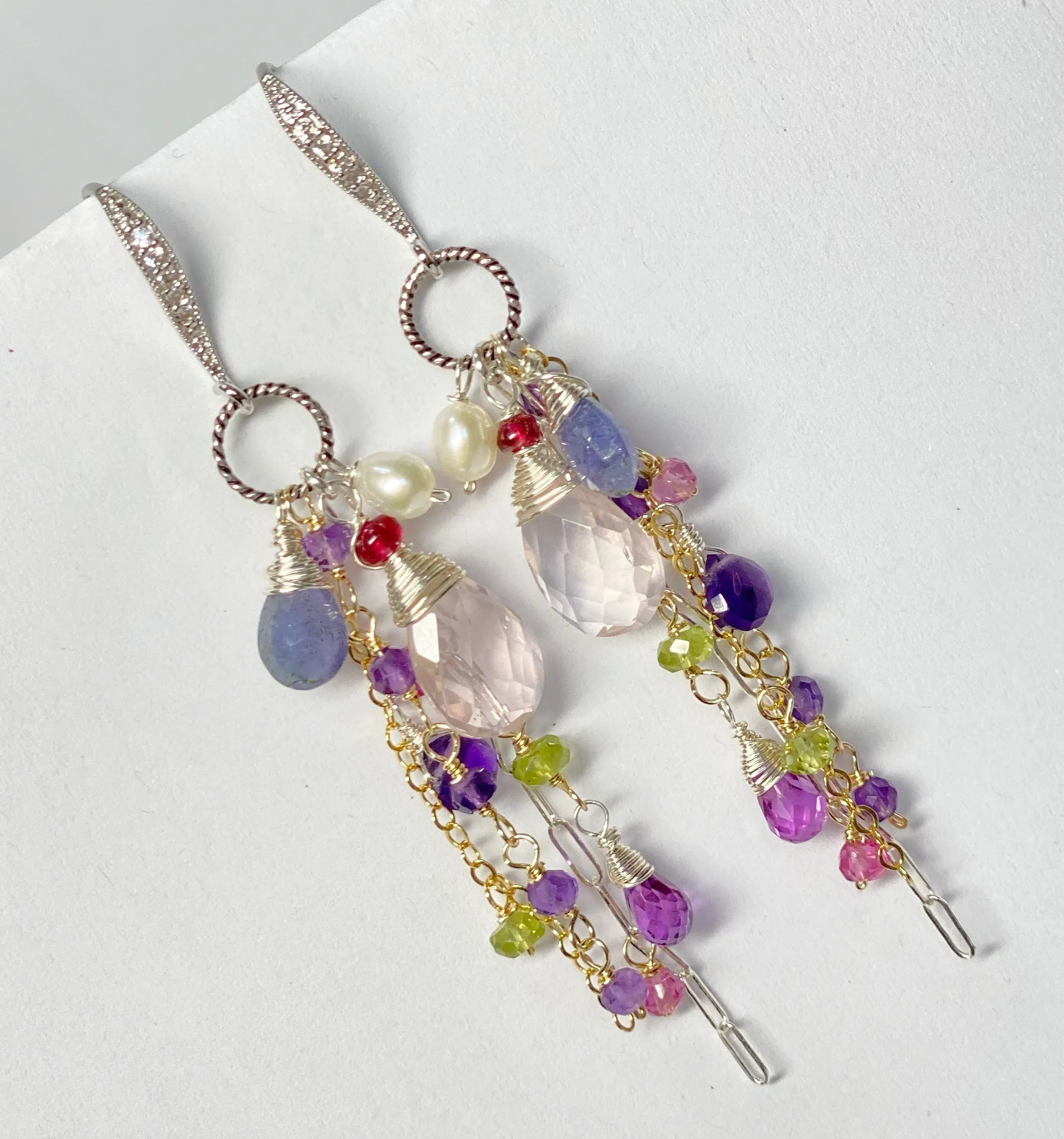 Rose Quartz Multi Gem Dangle Earrings Tanzanite, Violet, Sterling