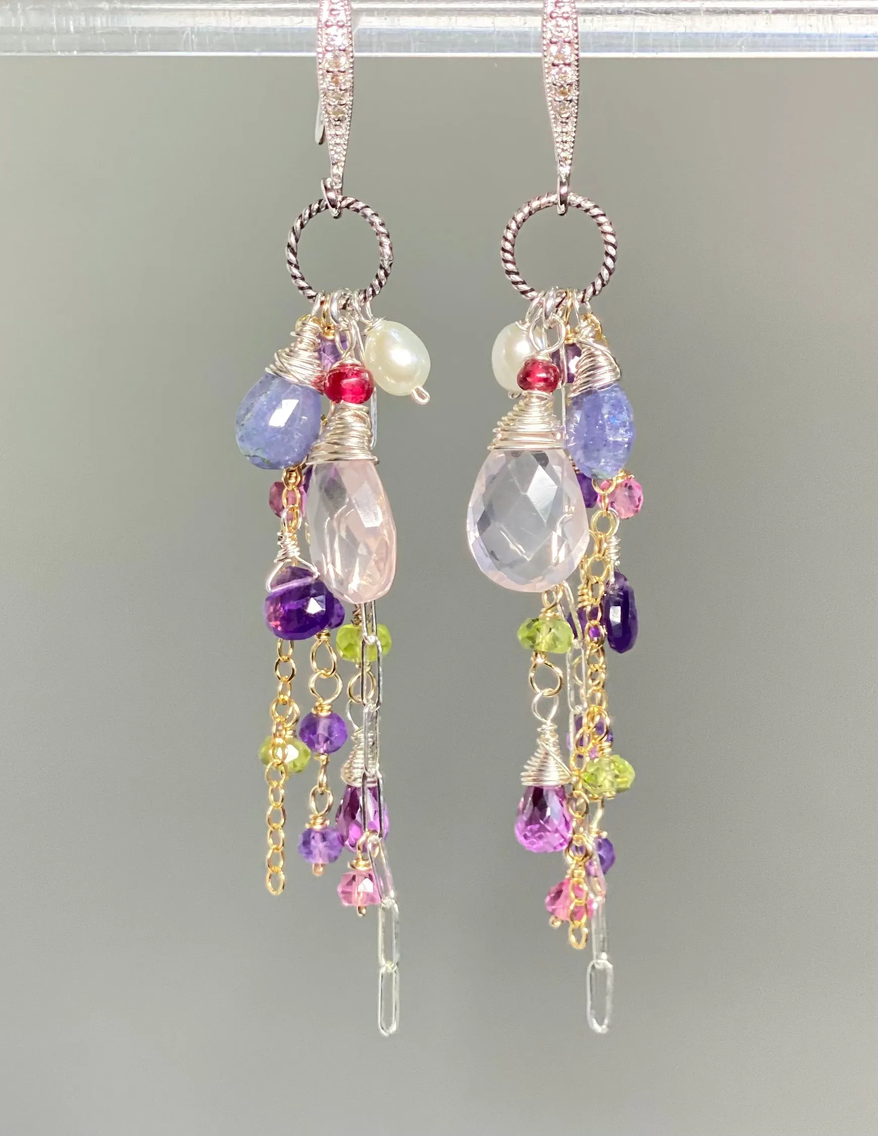 Rose Quartz Multi Gem Dangle Earrings Tanzanite, Violet, Sterling