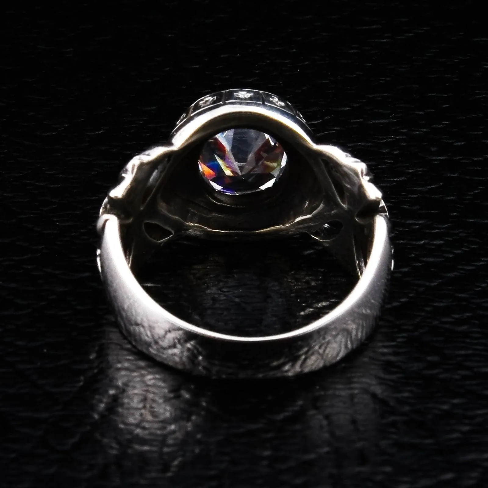 Round Diamond White Topaz Cross Sterling Silver Biker Ring