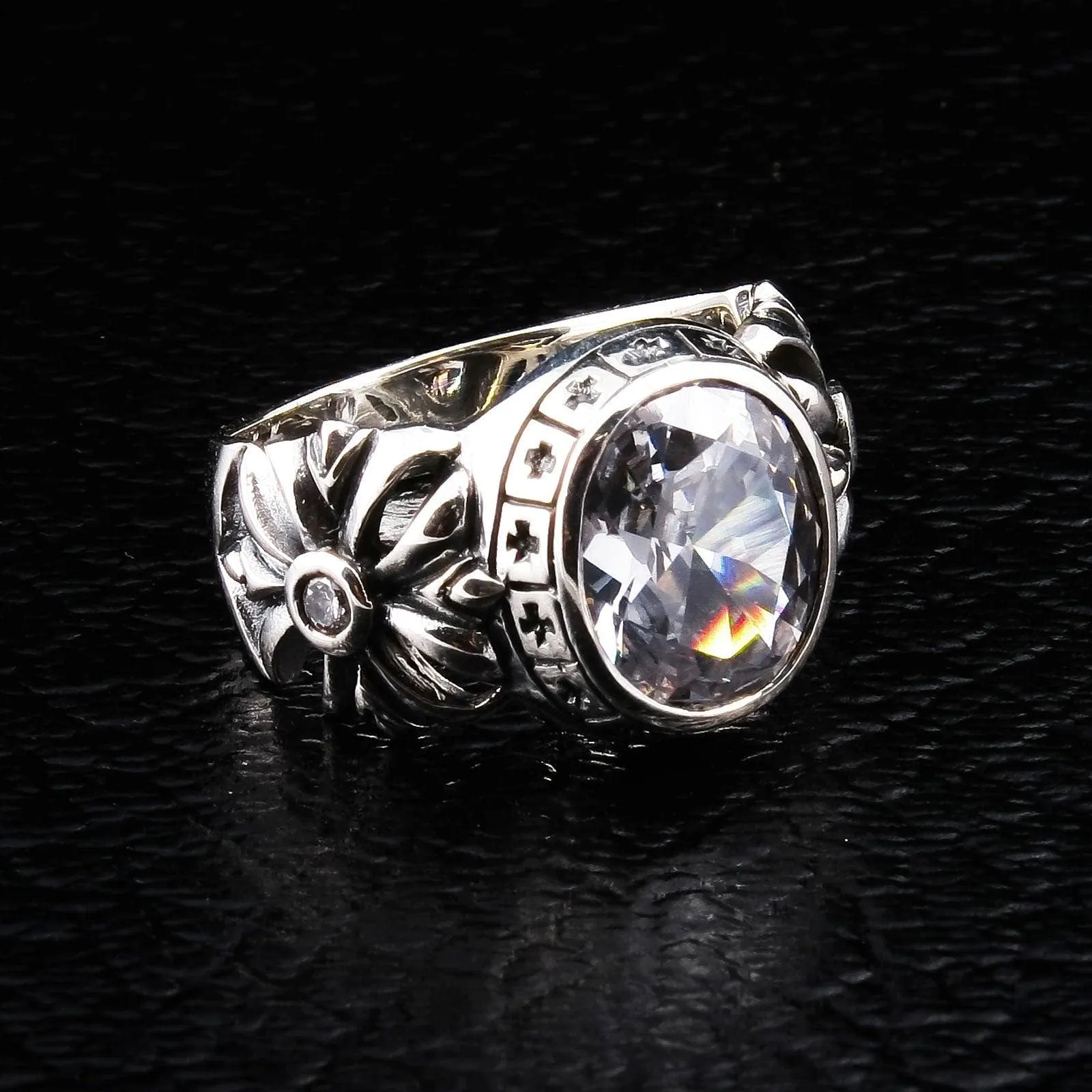 Round Diamond White Topaz Cross Sterling Silver Biker Ring